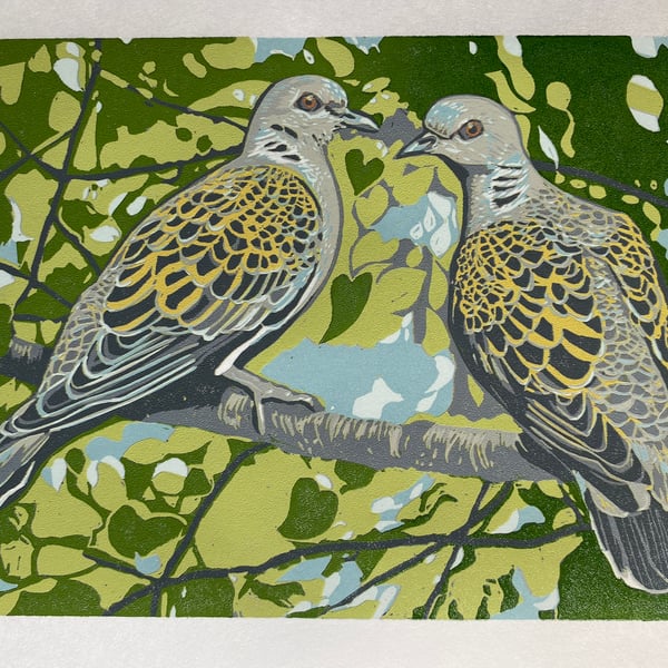 Turtle Doves - Original Handmade Reduction Lino Print
