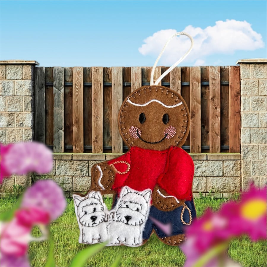 Gingerbread man walking 2 dogs Embroidered Hanging Keepsake - dog walker 