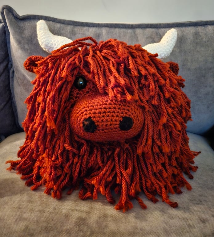 Highland Coo Crochet Cushion RUST