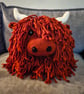 Highland Coo Crochet Cushion RUST