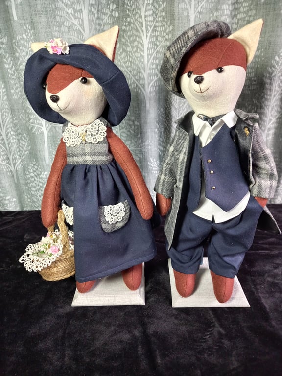 Doll - Handmade - Foxes in Love on separate stands 15 inches High