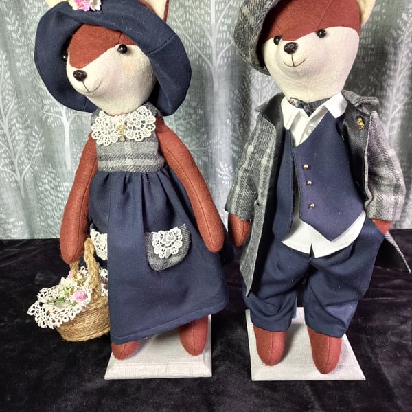 Doll - Handmade - Foxes in Love on separate stands 15 inches High