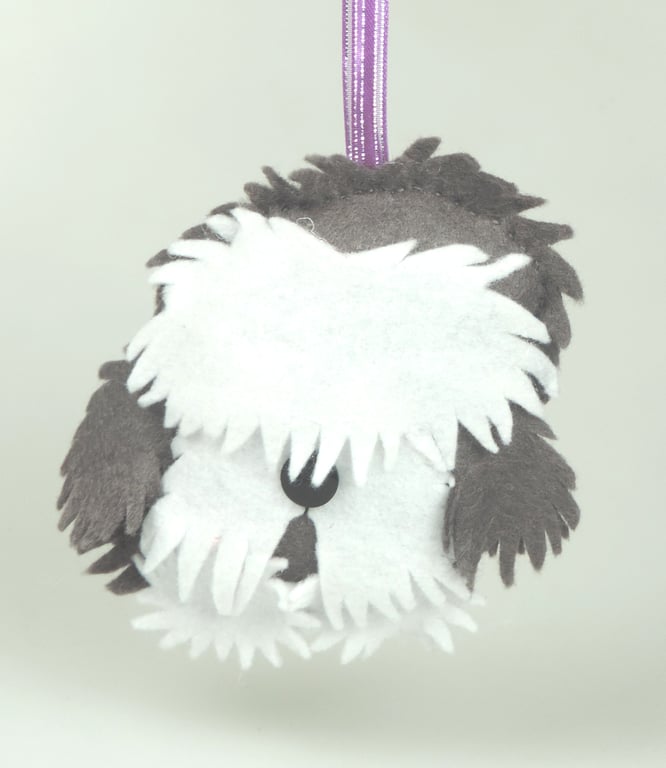 Playful Puppy, Bearded Collie, Handmade felt dog Decoration, Twig Tree, Window