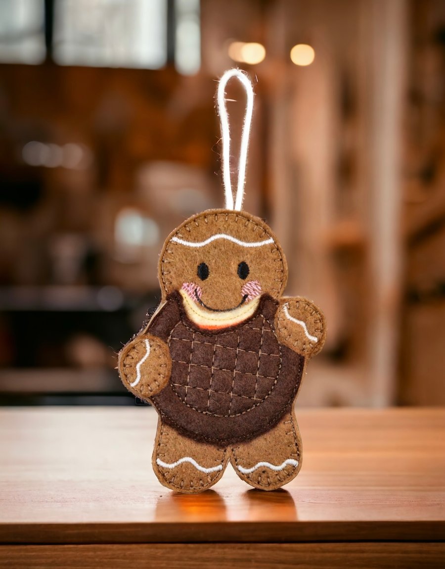 Gingerbread person holding a jaffa cake biscuit Embroidered Hanging Keepsake 