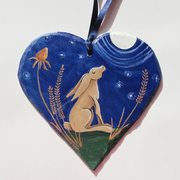Hare Gazing at the Moon, Autumn Hare Hanging Heart