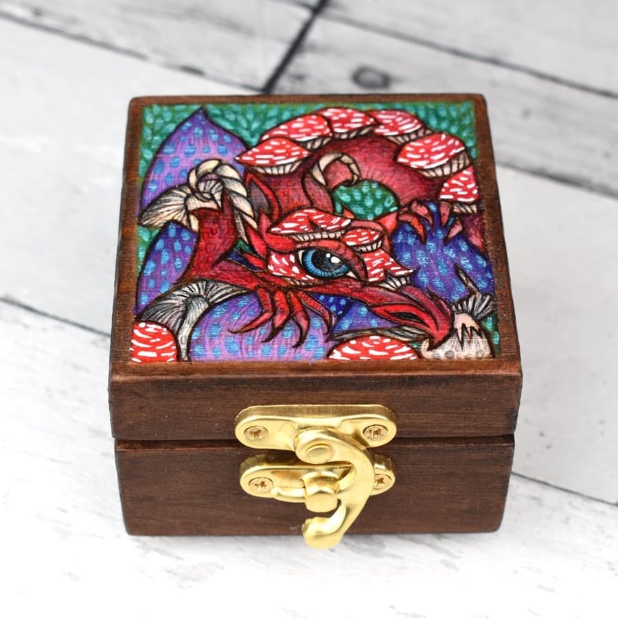 Dragon with toadstools pyrography small trinket box
