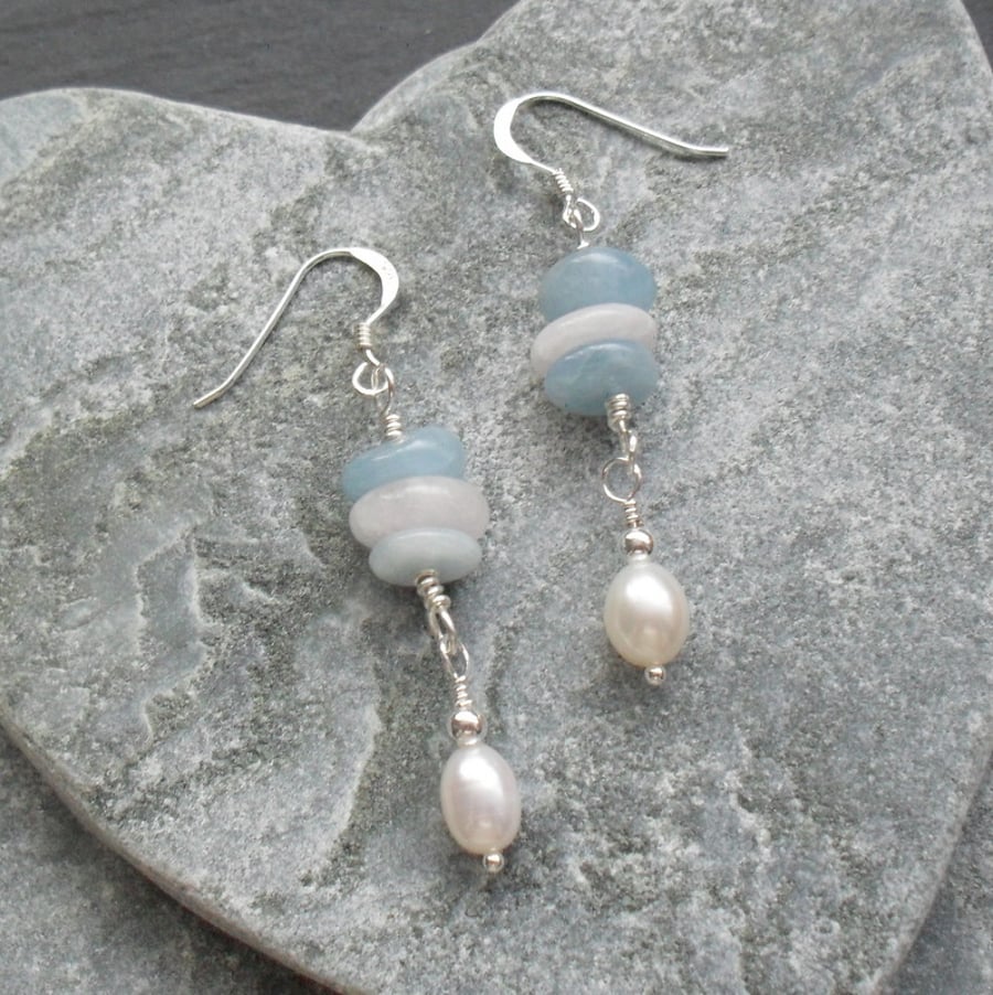 Aquamarine Morganite and Freshwater Pearl Sterling Silver Dangle Earrings