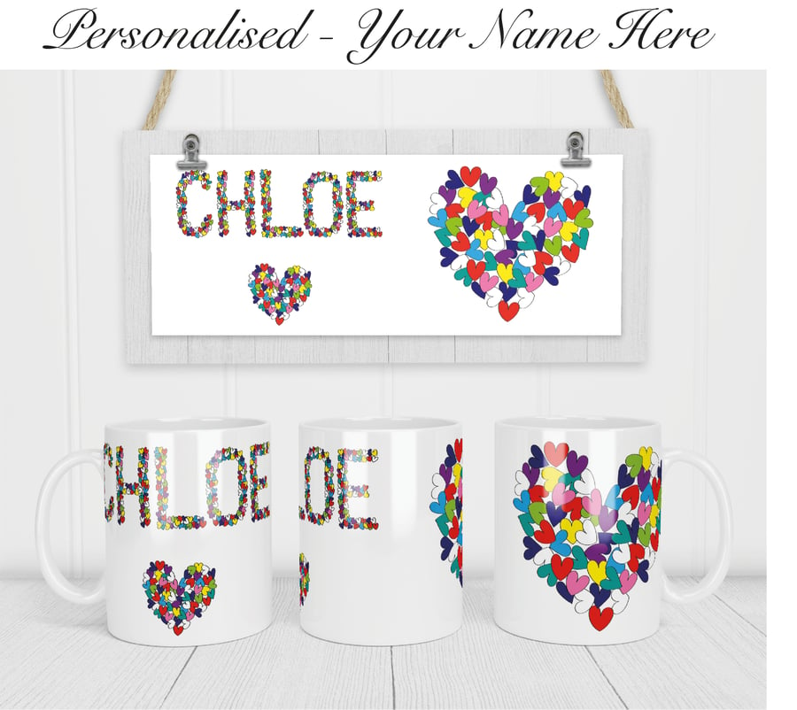 Personalised Name Heart Mug. Valentines. Mothers Day. Birthday Gift