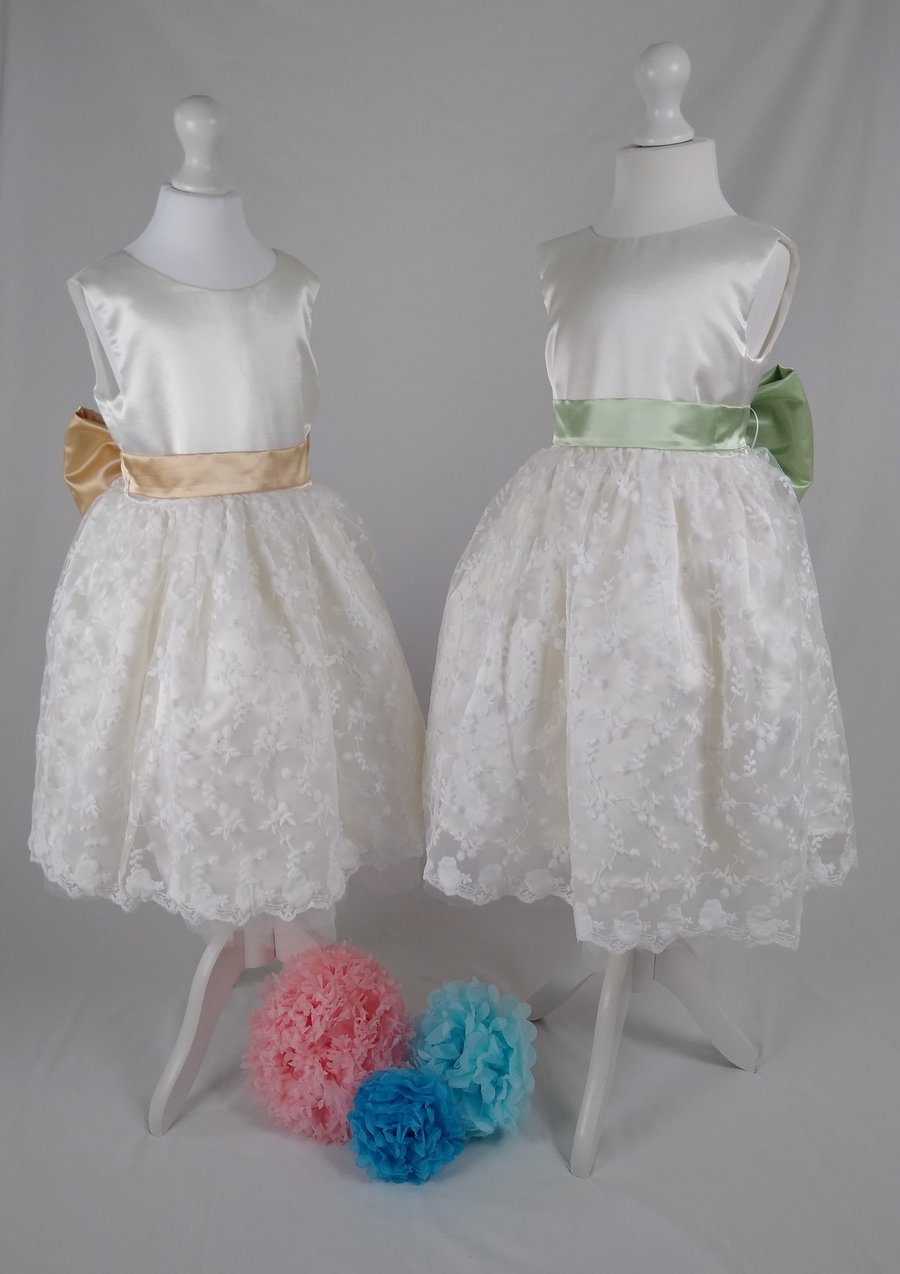 Jasmine Ivory Embroidered Lace Flower Girl Party Dress with Scallop hem