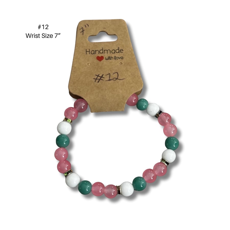 Bracelet 12 – Handmade Mixed Pastel Bead Bracelet 7” Pink, Green & White
