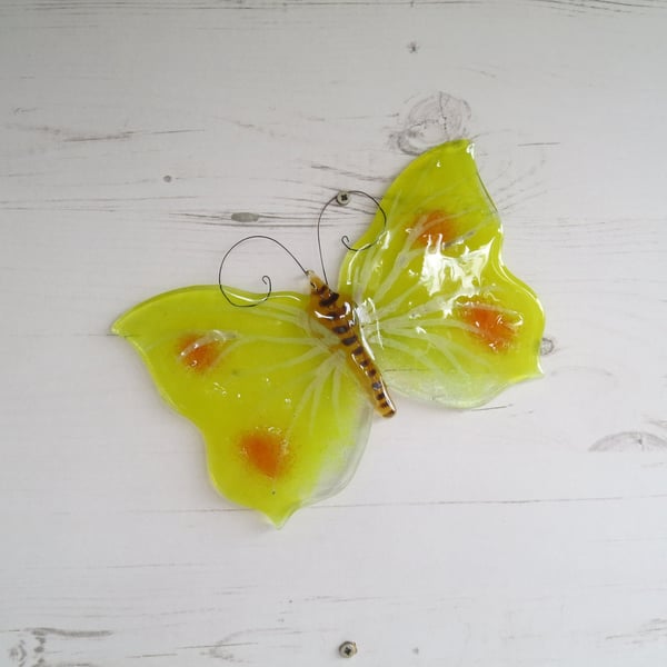 Yellow Brimstone Butterfly Window or Wall Hanging - Fused Glass - Sun Catcher 