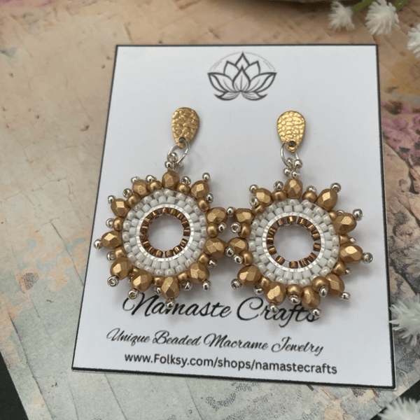 Beautiful gold and white beaded hoop dangle earrings, gift for her, 