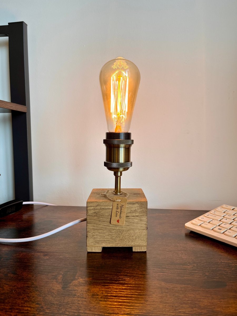 Rustic Oak Table Lamp - Handmade Small Edison Light UK
