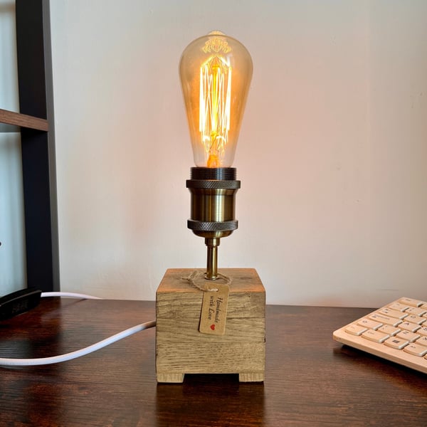 Rustic Oak Table Lamp - Handmade Small Edison Light UK