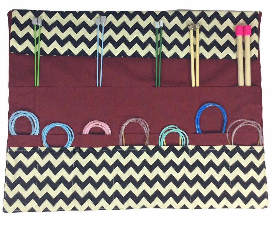 Straight and circular knitting needle case with black chevron print, heavy weigh
