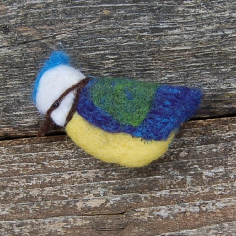 Brooch or badge, Blue Tit, needle felt, wool art.   