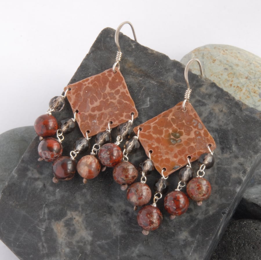 SALE - fringed textured copper and sterling silver earrings