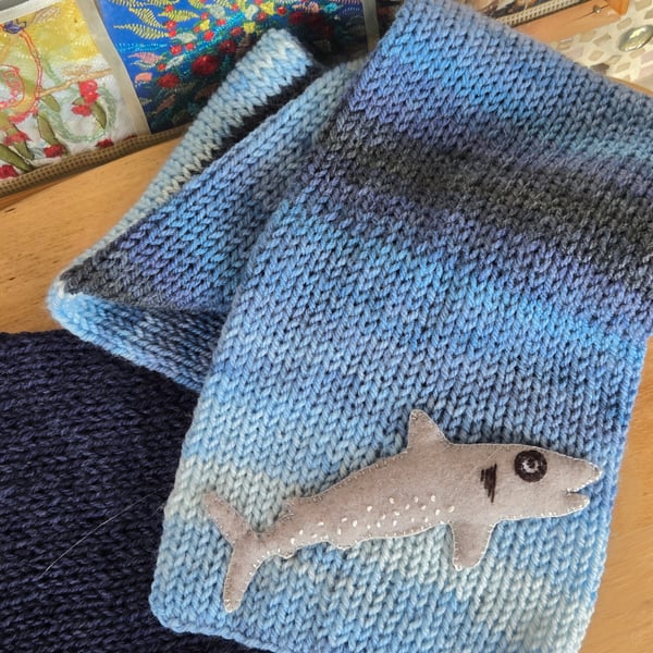 Knitted scarf, Eddy the Shark child scarf, blue child knitted scarf, child scarf