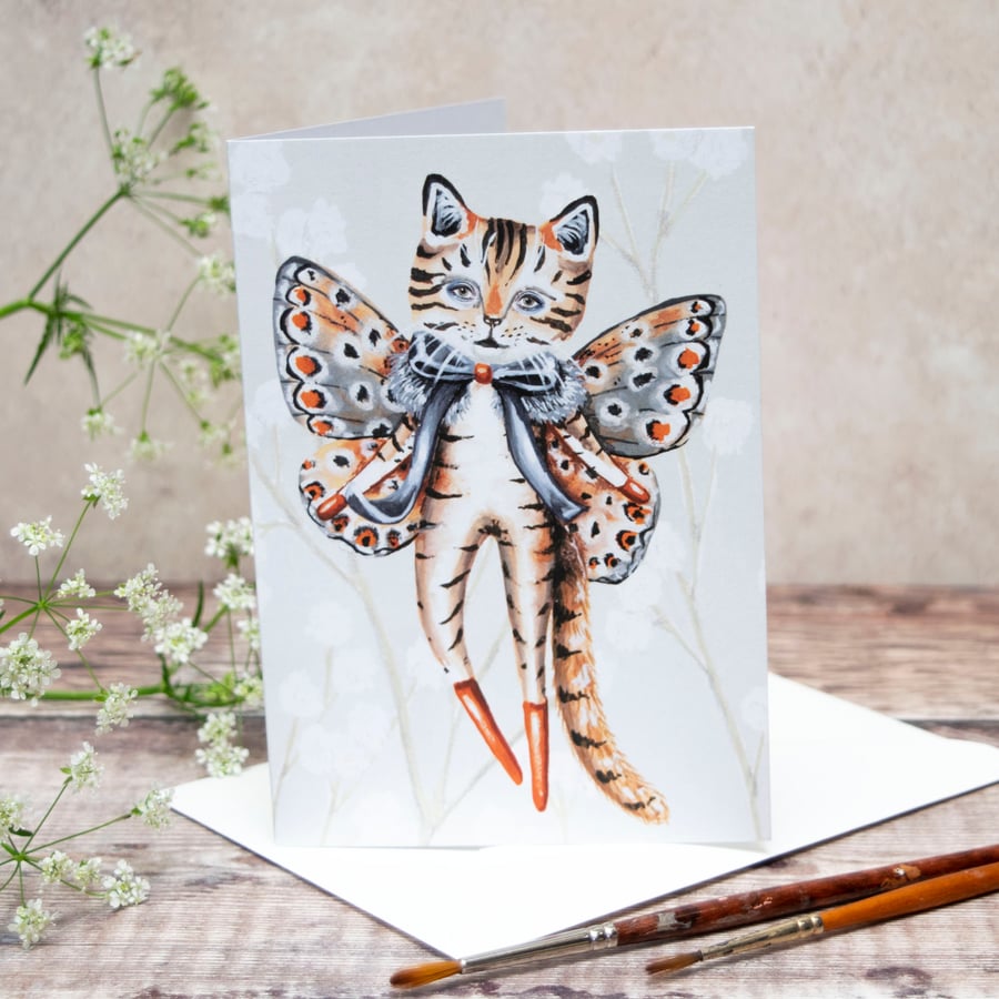 Greeting card of a cat butterfly- Quincy. A6. Perfect for many occasions.