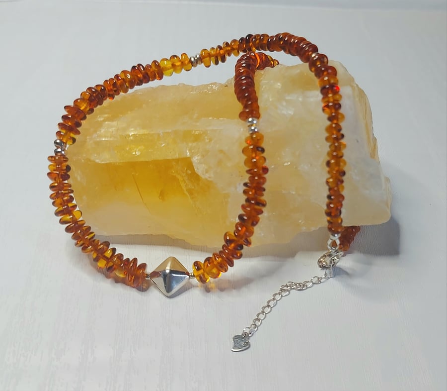 Cognac Baltic Amber and Sterling Silver Necklace