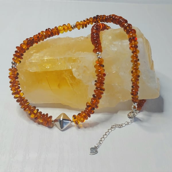 Cognac Baltic Amber and Sterling Silver Necklace