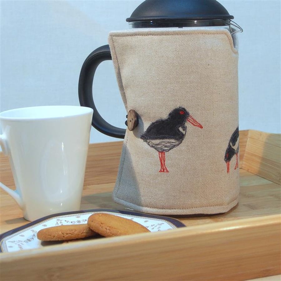 Cafetiere Cosy Oyster Catcher Freehand Machine Embroidery 