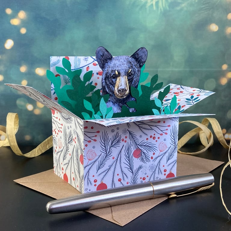 Bear Christmas Card. 3D box card. Personalised Christmas gift card holder.
