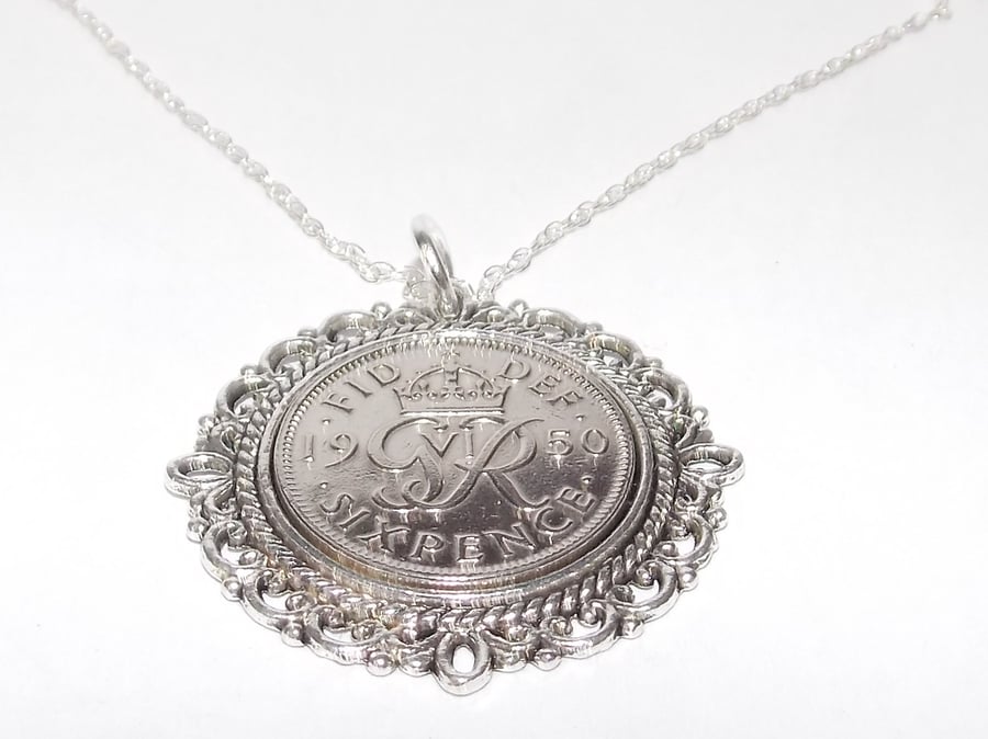 Fancy Pendant 1950 Lucky sixpence 71st Birthday plus Sterling Silver 20in Chain