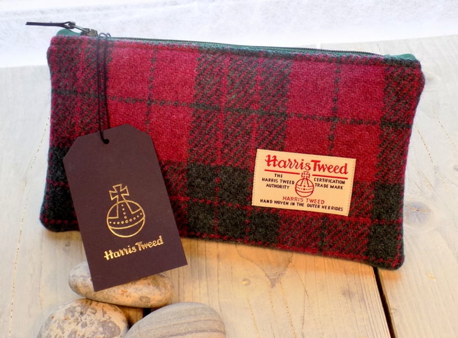 Harris Tweed clutch purse, pencil case in cranberry red and forest green tartan