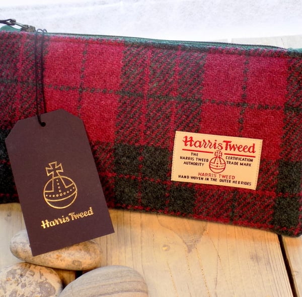 Harris Tweed clutch purse, pencil case in cranberry red and forest green tartan