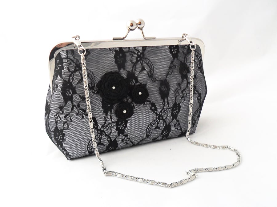 Silver satin and black lace evening bag. 
