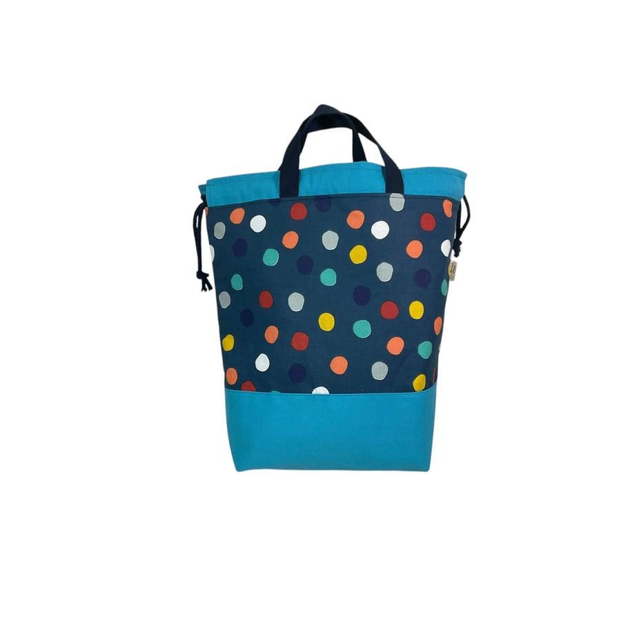 Extra Large canvas drawstring knitting bag with multicoloured spot print,