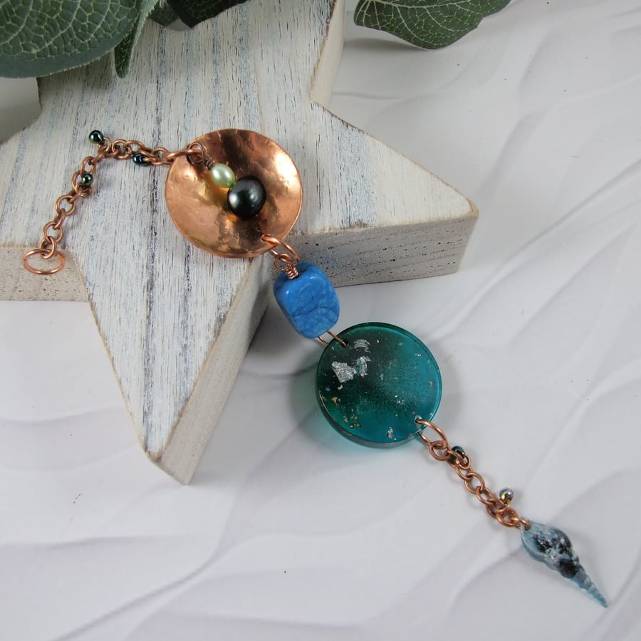 Beach Hanging Decoration, Copper with Bio Resin, Howlite and Pearls Suncatcher