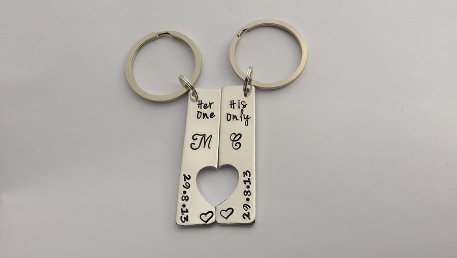 Hand Stamped personalised keyrings Her One, His Only wedding anniversary present