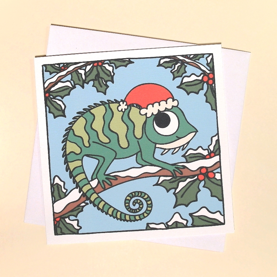 Christmas Card with Chameleon in Holly - Cute Card for Reptile Lovers - Q-HCC