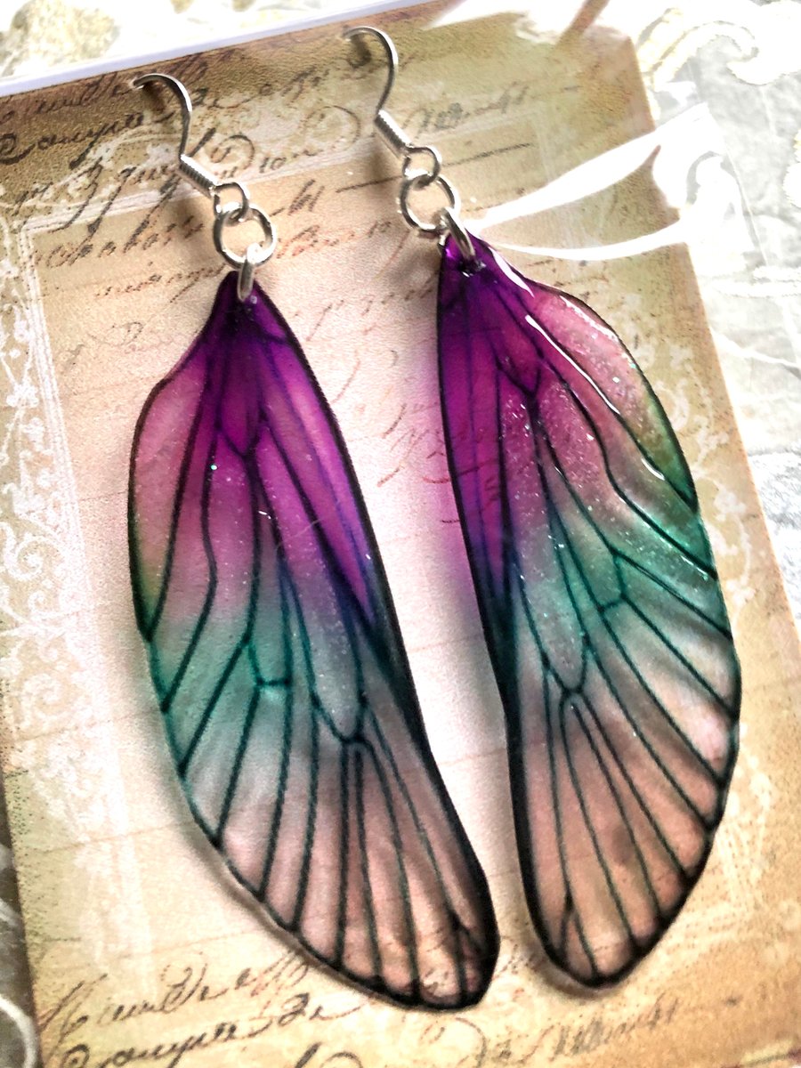 Purple Translucent Large Fairy Wing Sterling Silver Earrings