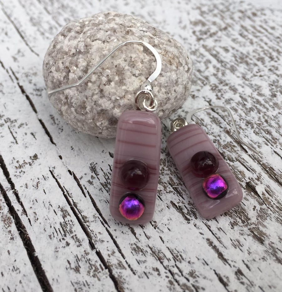 Pink Fused Glass Drop Earrings with Dichroic Detail on Silver Wires