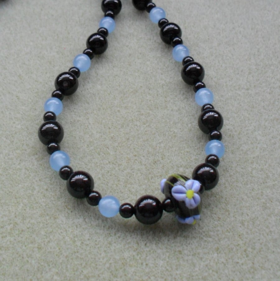 Handmade Lampwork Glass Bead with Black Agate and Blue Quartz Necklace