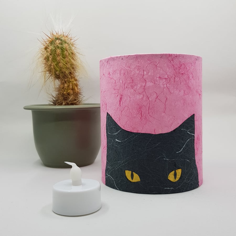 Black Cat Silhouette Lantern with LED candle (Pink Option B)