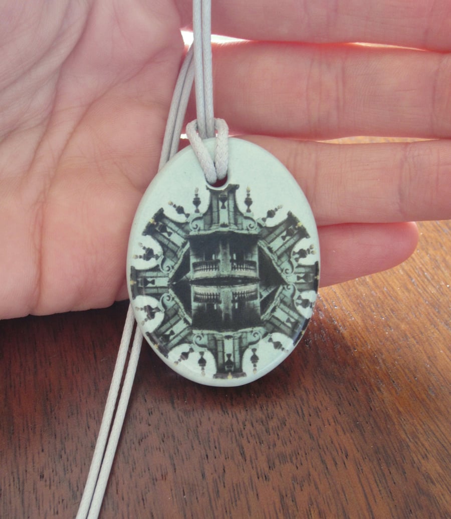 Gothic Architecture Design Ceramic Pendant on Grey Cord with Lobster Clasp