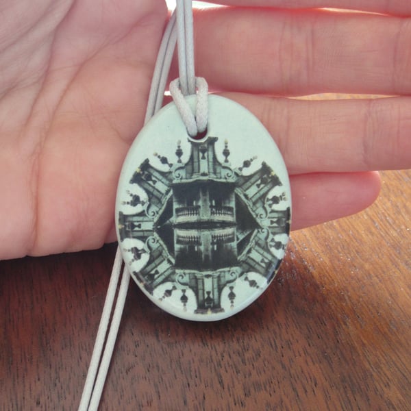 Gothic Architecture Design Ceramic Pendant on Grey Cord with Lobster Clasp