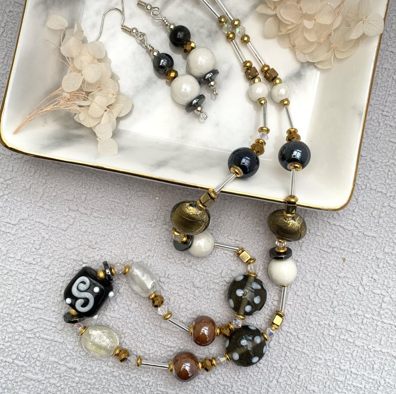 Boho Lampwork Glass and Porcelain Bead Necklace Set