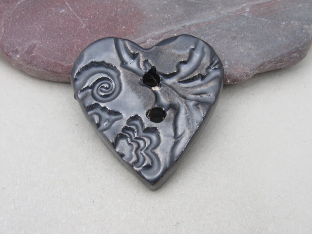 Medium Metallic Pewter Brocade Texture Heart Shaped Ceramic Button