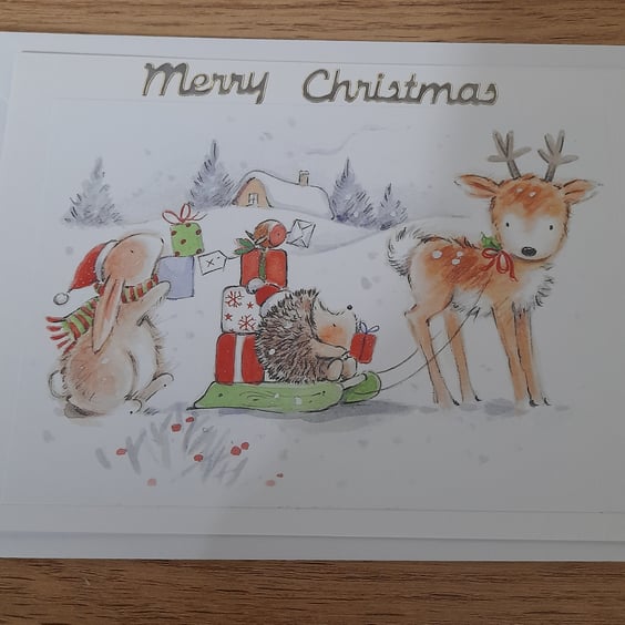CUTE CHRISTMAS CARD WITH REINDEER PULLING A SLEIGH 