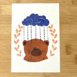 Bear With The Blues - A6 risograph print in Blue and Orange 