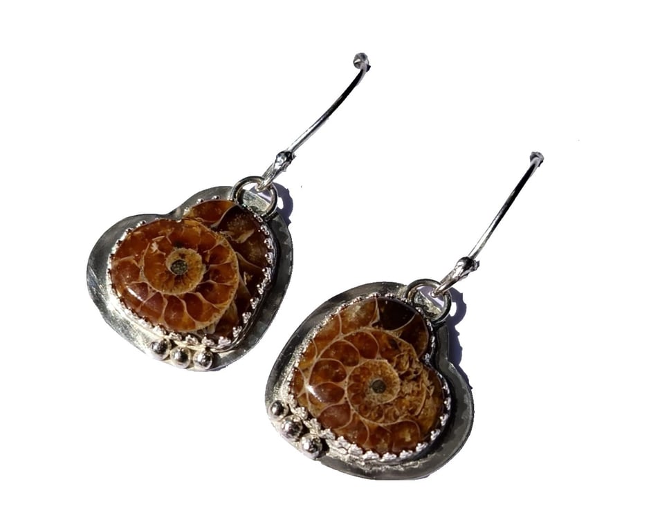 Ammonite Earrings Fossil Hearts Sterling Silver Jewellery Gift Drop Dangle
