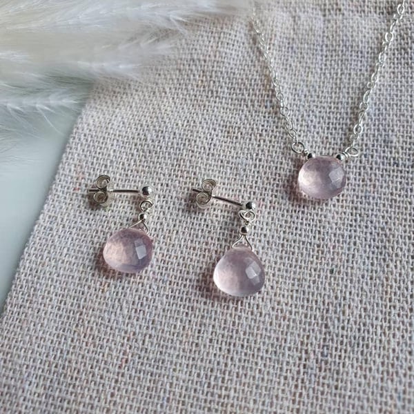 Rose quartz and sterling silver earring and necklace matching set