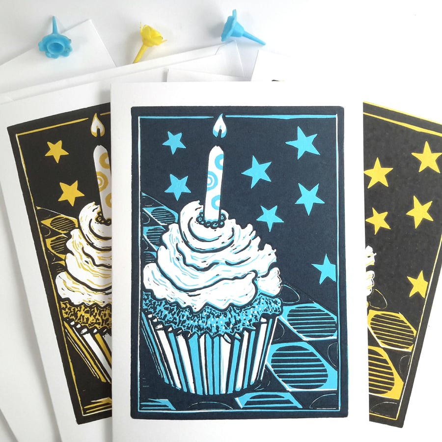 Linocut Cupcake celebration card ,orange or yellow