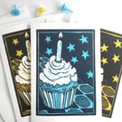 Linocut Cupcake celebration card  Blue,pink,orange or yellow
