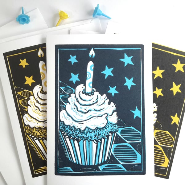 Linocut Cupcake celebration card pink,orange or yellow